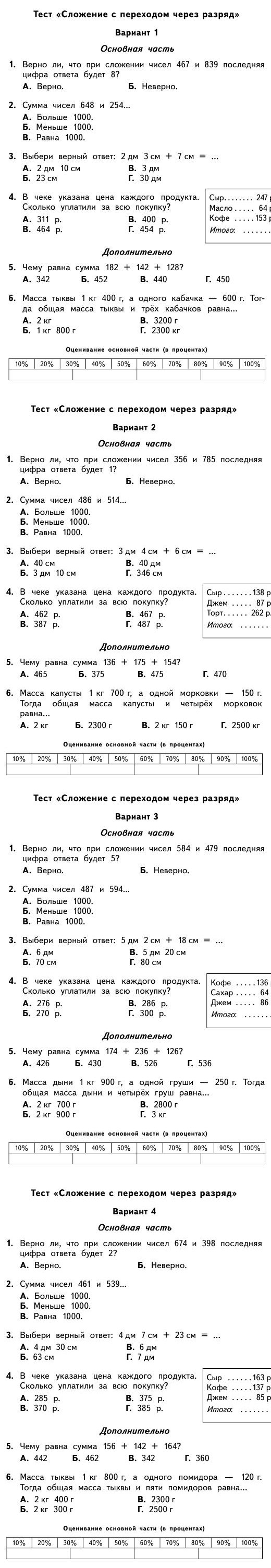 Тест по математике 3 класс - Сложение с переходом через разряд
